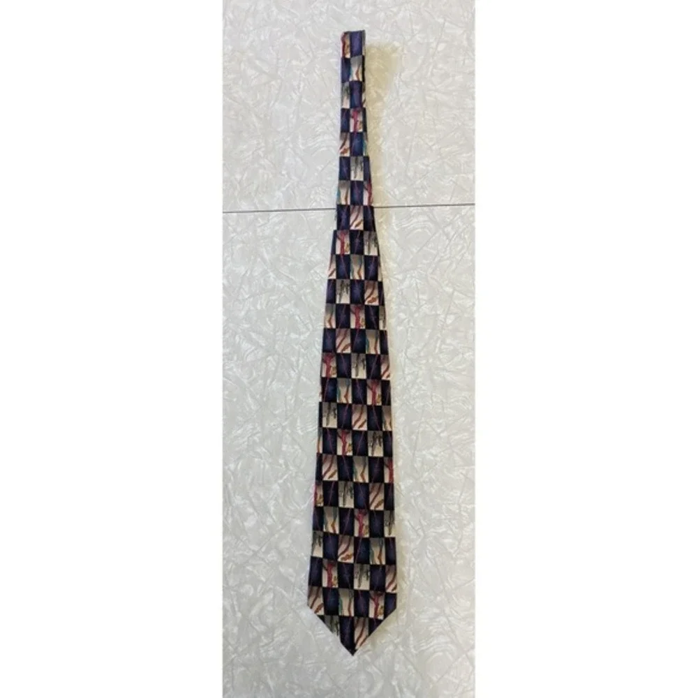J. Garcia Silk Necktie Grateful Dead Abstract Checkerboard Navy 58
